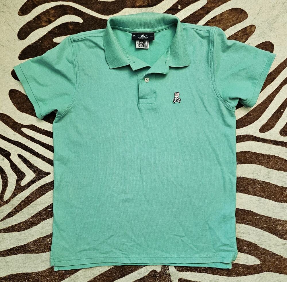 Psycho Bunny Polo Shirt Mens 7 Green Skull Bunny Cotton Pique Logo